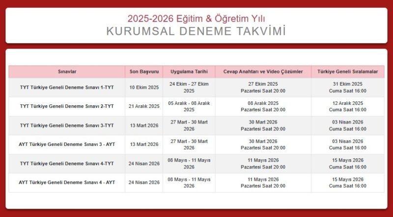 3D Yayınları 2025-2026 Dönemi Deneme Takvimi (Türkiye Geneli)
